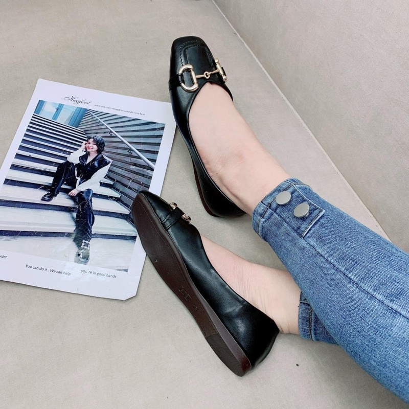 Giày bệt mũi vuông da lì nơ khoá vàng đế mềm, dẻo