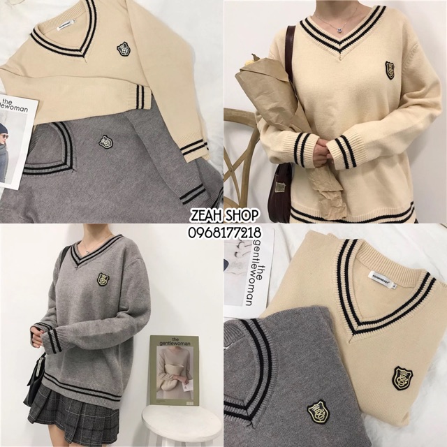 Áo len huy hiệu cổ V ulzzang oversize