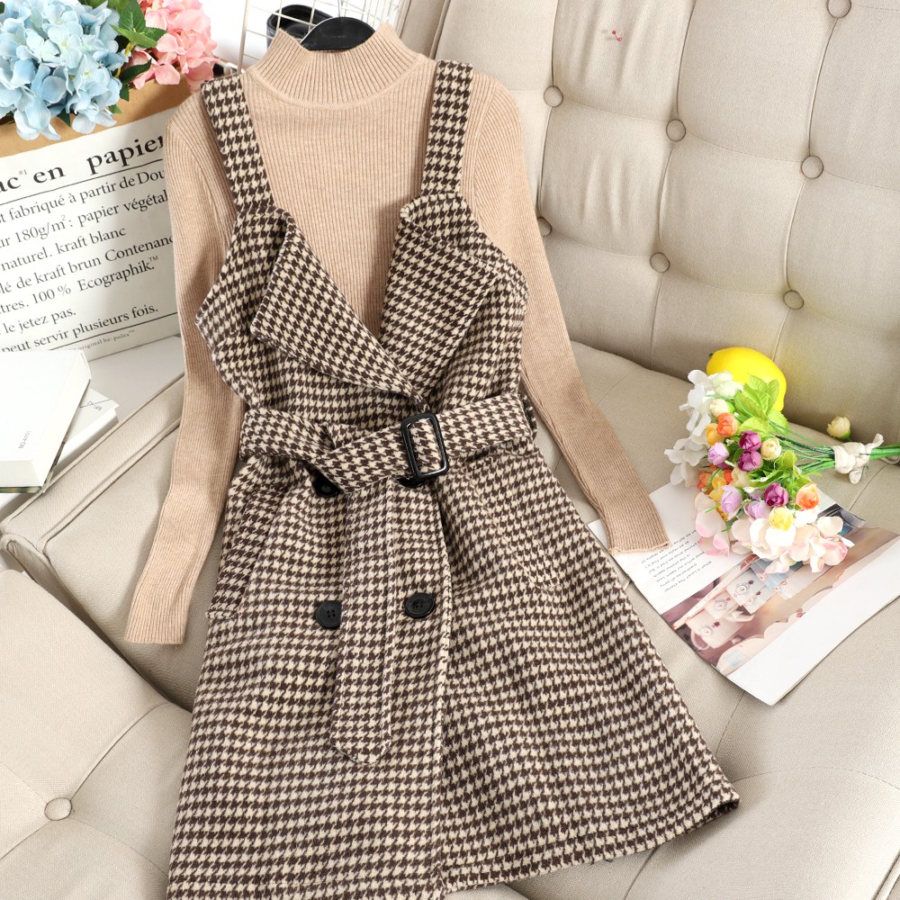 (ORDER) Set áo len ôm mix váy dạ hai dây kẻ sọc