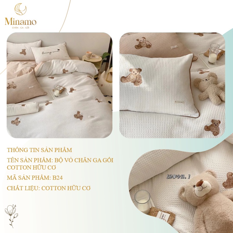 Bộ Vỏ Chăn Ga Gối Cotton Hữu Cơ Thêu Gấu Minamo B24 Cao Cấp, Thoáng Mát, Thấm Hút Tốt - Bảo Hành Chính Hãng Minamo