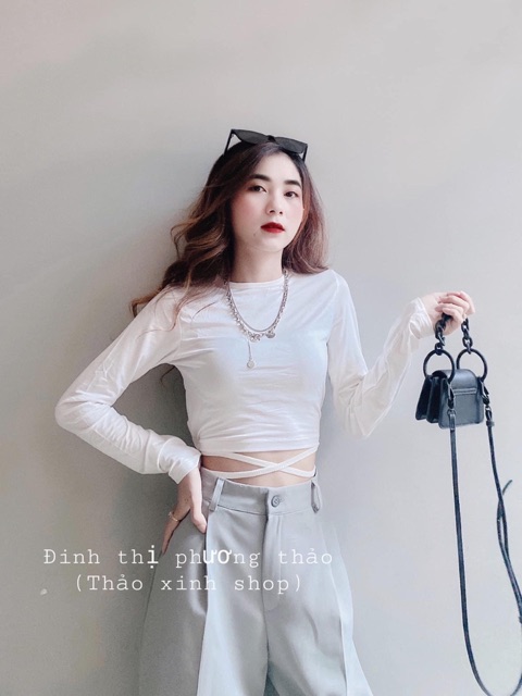 Áo croptop buộc bụng tay dài, cột dây eo tay dài B2UZ7U