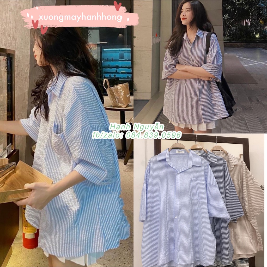 Áo sơ mi kẻ cộc tay đũi nhăn form OVERSIZE siêu rộng - Xưởng May Hạnh Hồng