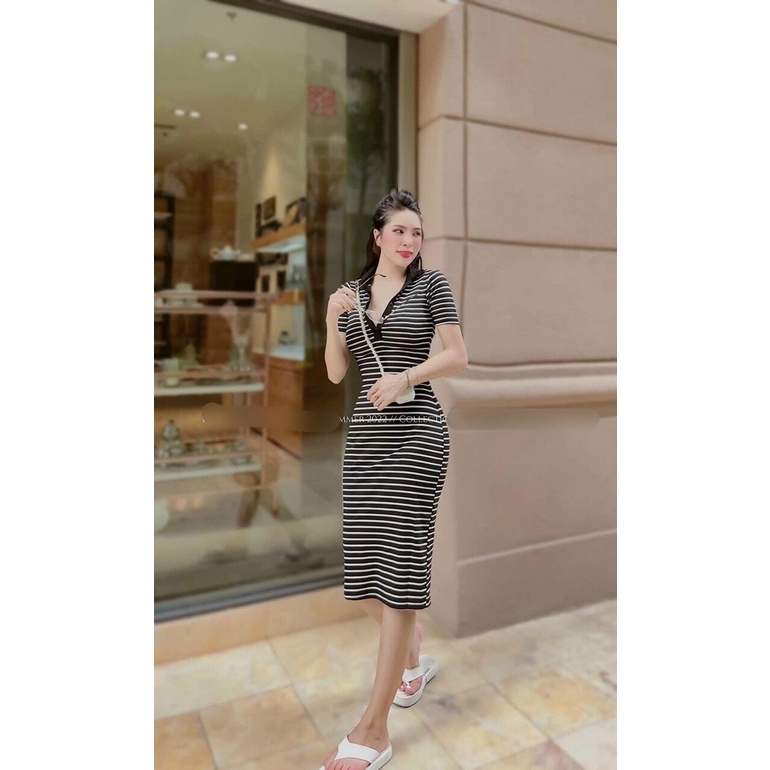 Váy body kẻ cổ bẻ siêu tôn dáng