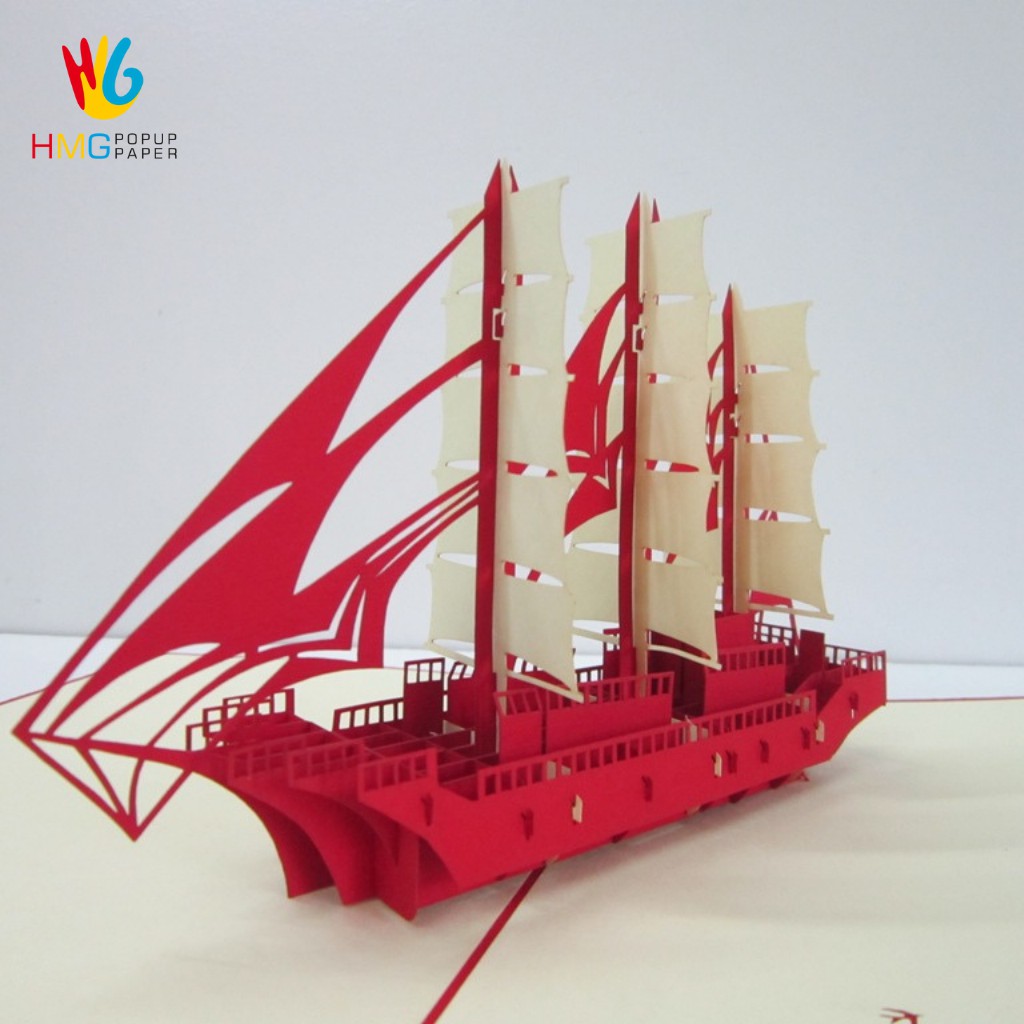 Thiệp Handmade 3D HMG Mô Hình Thuyền, Bìa Màu Đỏ Và Xanh Dương, Cắt Tinh Tế Lên Hình Đẹp OC031