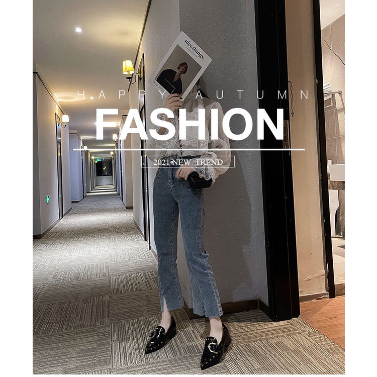 Giày nữ loafer da mũi nhọn đế thấp phong cách retro Anh Quốc thời trang mùa đông 2021
