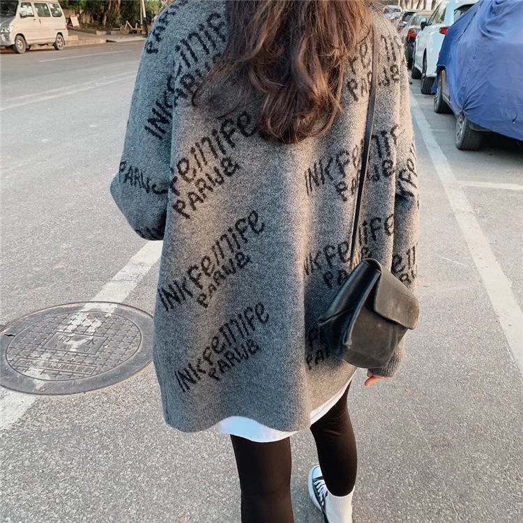Áo khoác len cardigan tay dài in chữ thời trang Hàn Quốc