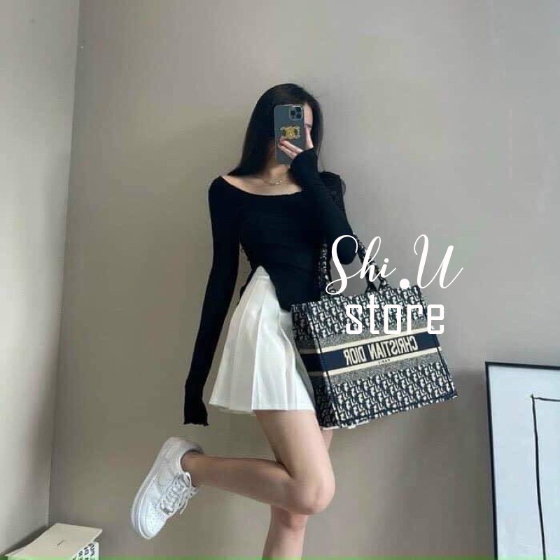 Áo Thun Dài Tay Nữ Xẻ Tà Vạt Lệch Áo Phông Tay Dài Cổ Bèo 3 Màu