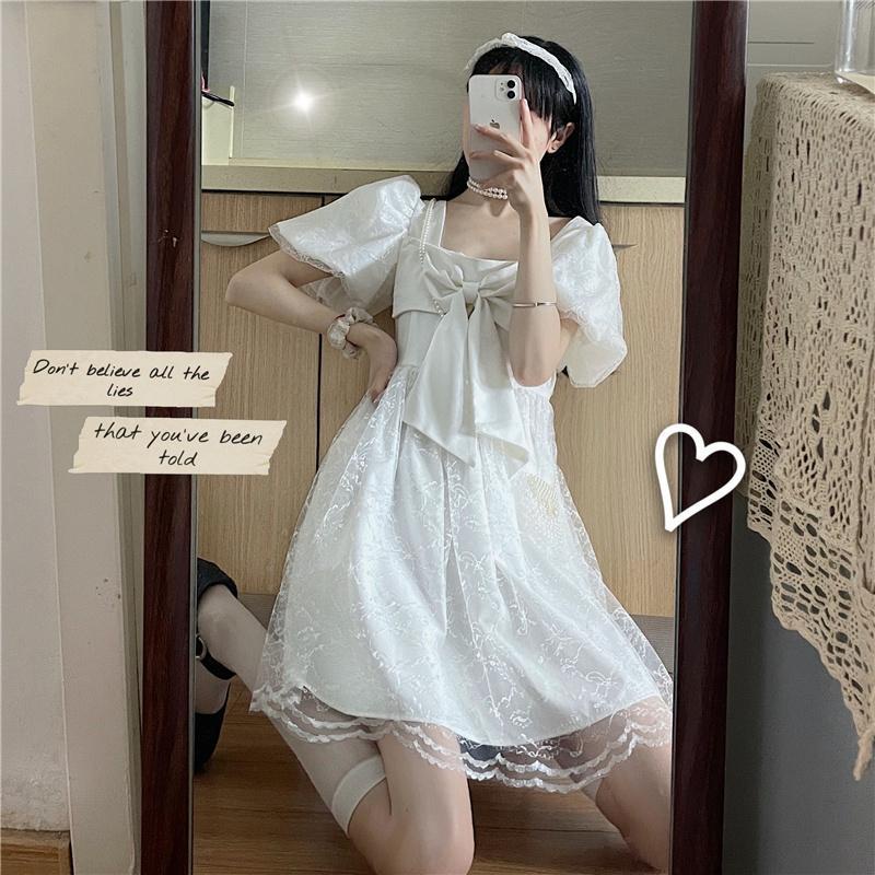 Đầm Cổ Vuông Tay Ngắn Phối Lưới Thời Trang Mùa Hè 2022 Mới Cho Nữ