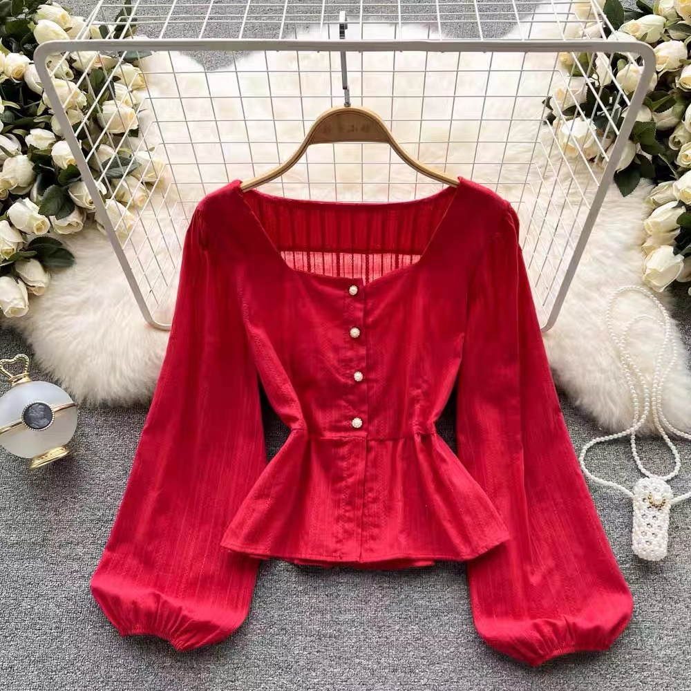 Áo kiểu BH tay dài phồng cổ vuông phong cách retro Hàn Quốc cho nữ