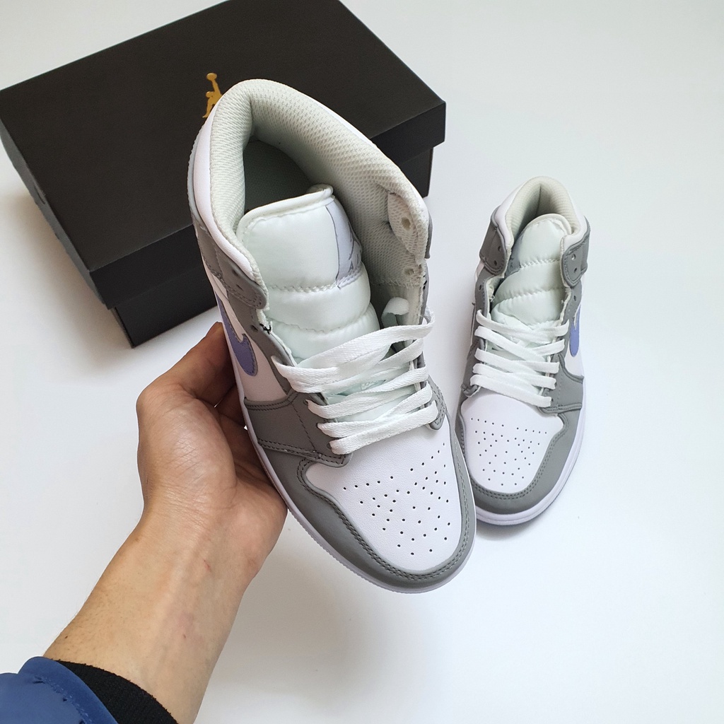 Giày Jordan 1 Mid Wolf Grey Xám Xanh Cao Cấp Fullbox, Giày thể thao jordan 1 cổ cao wolf grey xám xanh, da nhăn cực đẹp