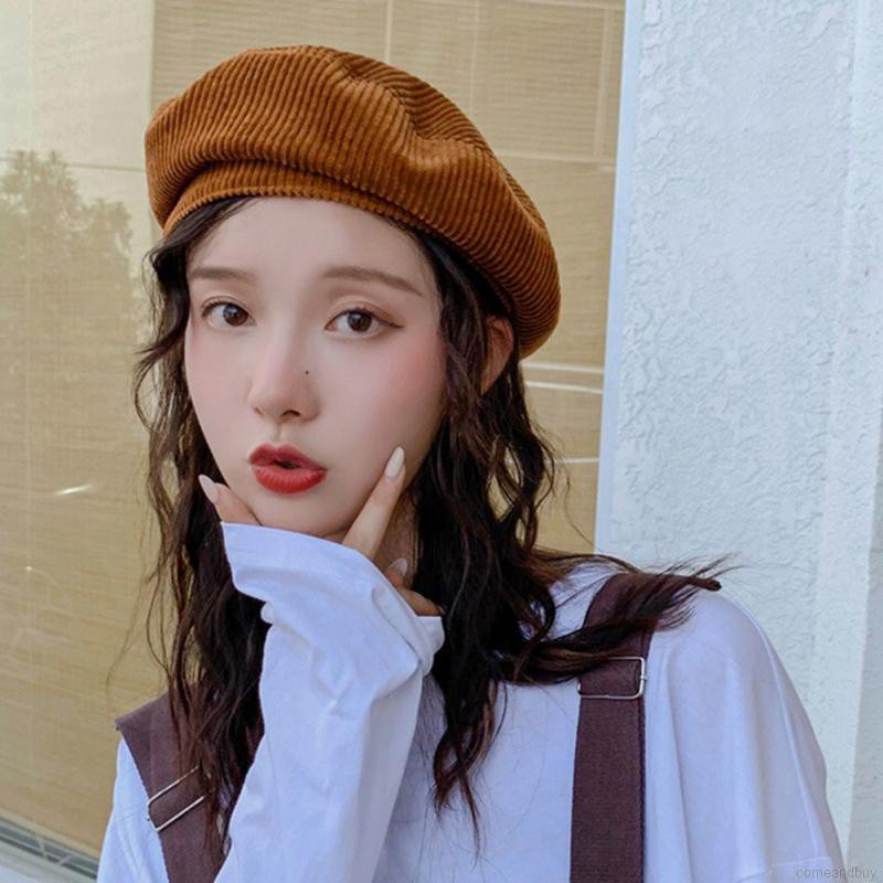Mũ nồi kiểu họa sĩ bằng vải corduroy điều chỉnh được thêu chữ thời trang Harajuku cổ điển