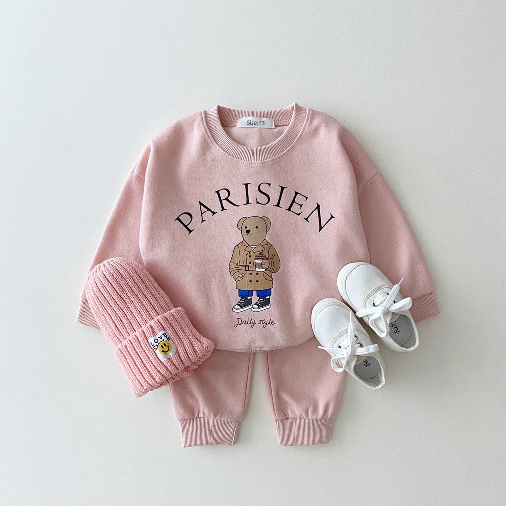Set Áo Hoodie Tay Dài In Hình Gấu Hoạt Hình + Quần Dài Thời Trang Cho Bé