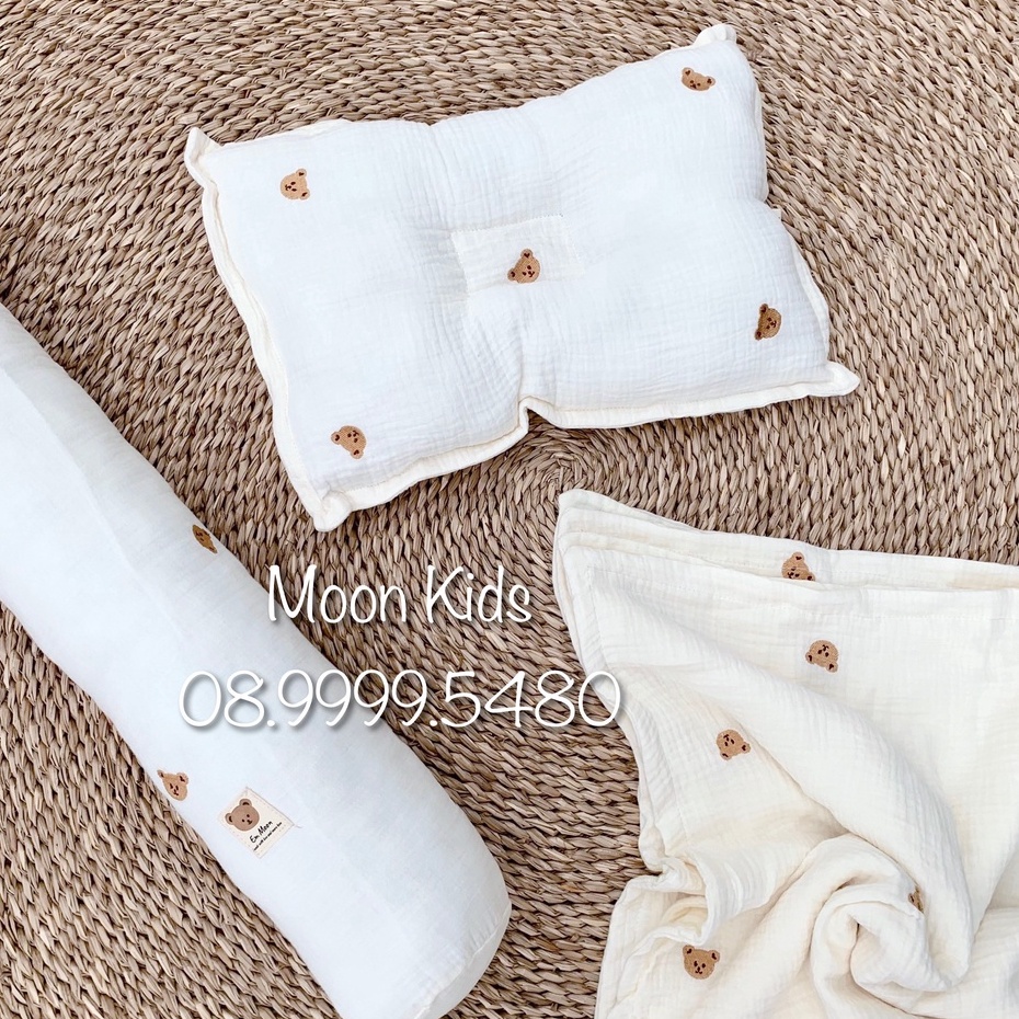 Set chăn - gối đầu - gối ôm xô muslin thêu hoạ tiết siêu mềm cho bé