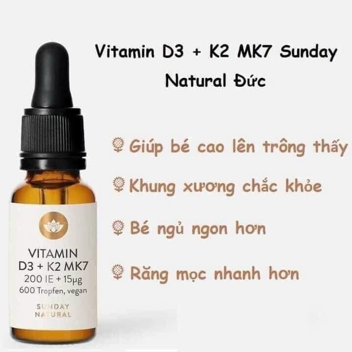 Vitamin D3 K2 MK7 Sunday Natural Đức Tăng Chiều Cao Cho Bé, 200IE