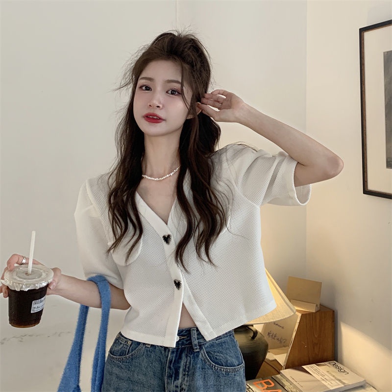 Áo Sơ Mi Tay Ngắn Phồng Cổ Chữ V Form Rộng Phong Cách Thanh Lịch