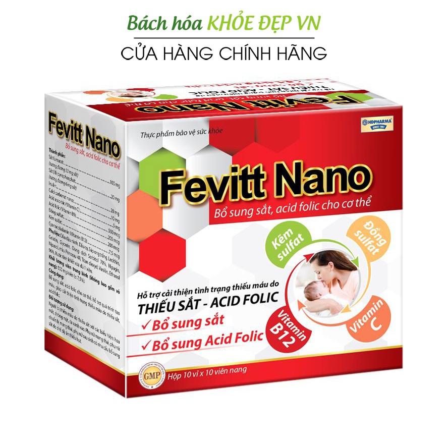 Viên uống bổ máu bổ sung Sắt, Acid Folic cho người thiếu máu, chóng mặt, da xanh xao - [Fevitt Nano 4 mắt 100 viên]