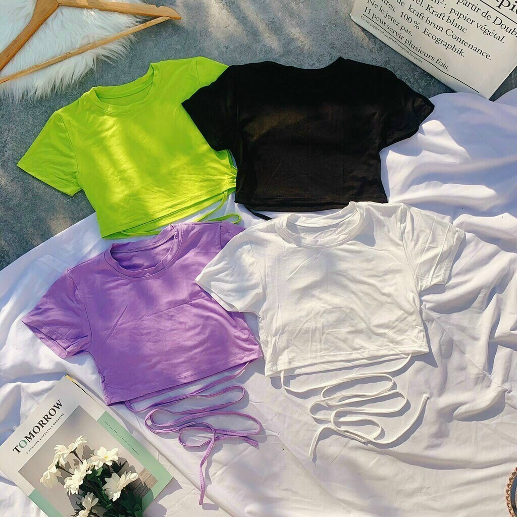 Áo croptop sexy JOY BABE 🧚‍♀️ cột dây quấn chéo eo khoe đường cong, thun co giãn tốt, trắng đen trơn basic, CRON 190 -5D
