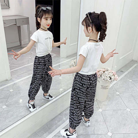 Korean Style Medium and Large Girls' Summer Clothing2020New Style Fashion Net Red Children's Suit Fashion Girl's Short Sleeve Two-Piece Set