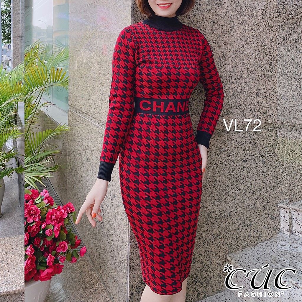 Váy đầm body len tăm dáng ôm co giãn cao cấp Cúc Fashion VL72 đầm váy len eo chữ