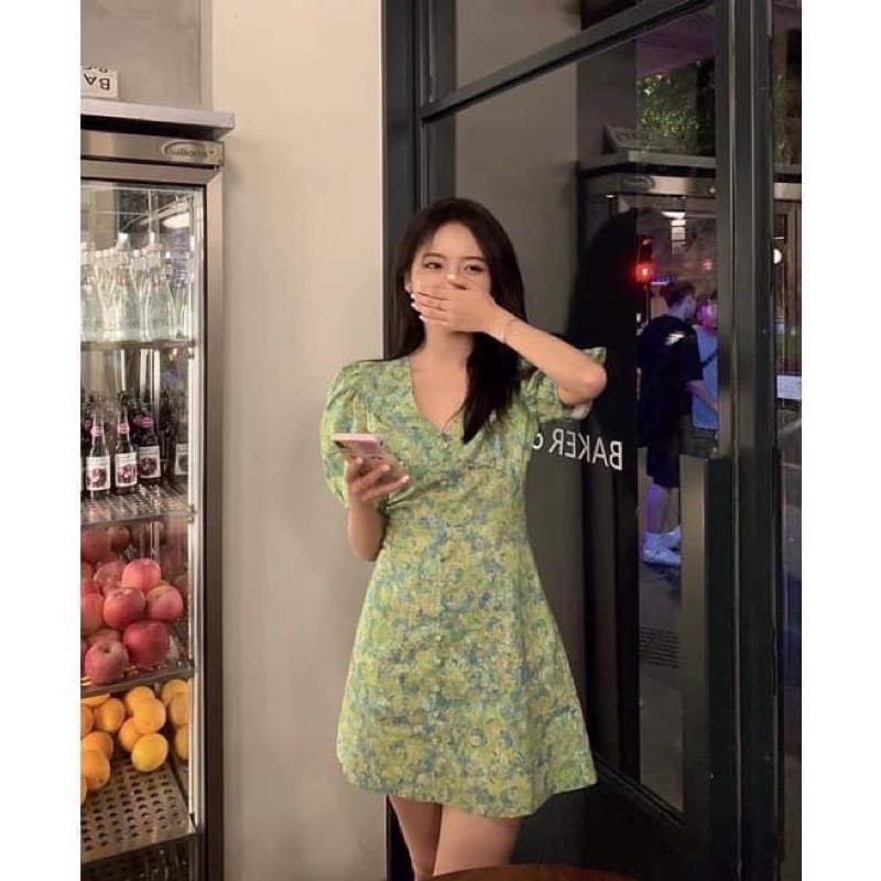 ẢNH THẬT 🌼 VÁY HOA XANH LÁ CỔ TIM CÚC BỌC TAY BỒNG 🌼