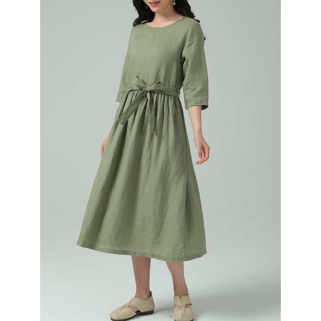 Đầm suông linen tay lỡ cổ tròn kèm đài rời, chất linen mềm mát, thời trang phong cách Hàn Quốc