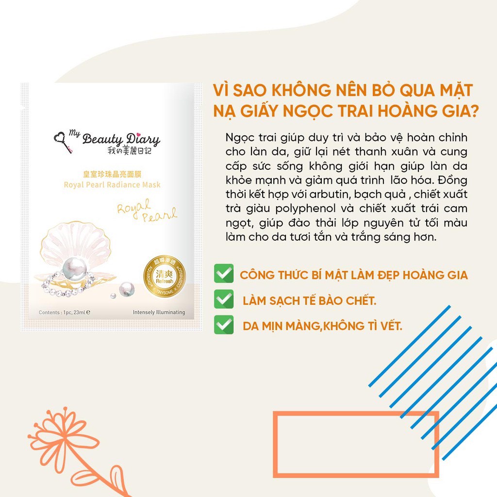 Hộp 8 miếng mặt nạ My Beauty Diary Royal Pearl Radiance Mask Ngọc trai hoàng gia dưỡng ẩm sáng mịn 23ml/miếng