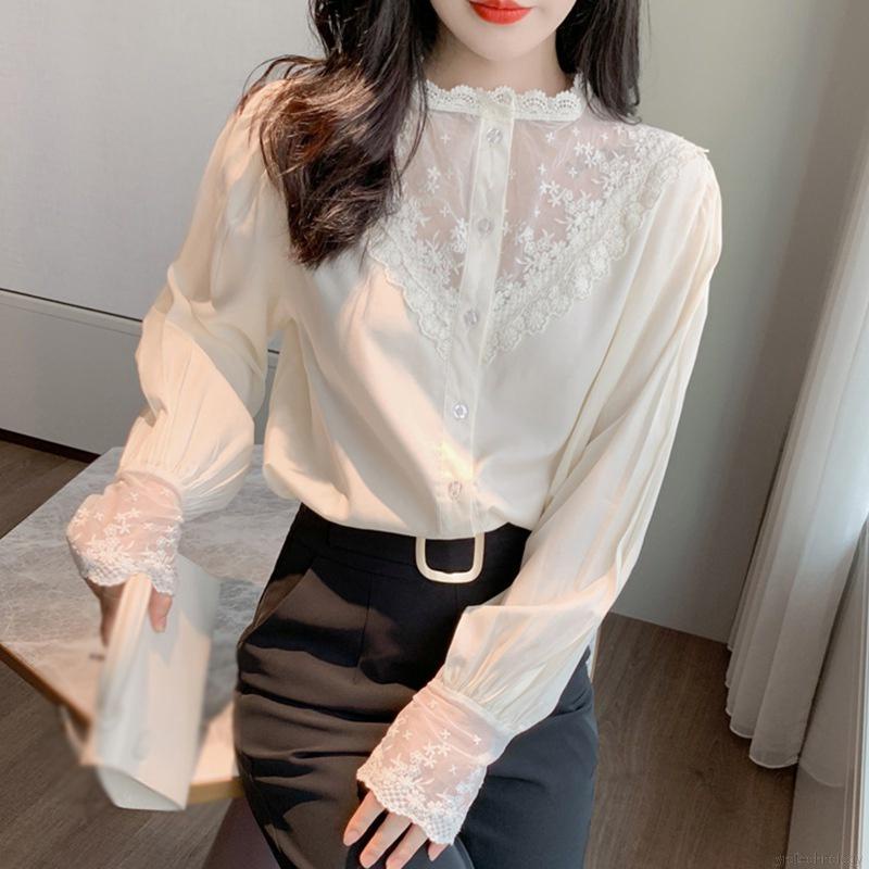 Áo Sơ Mi Chiffon Tay Dài Cổ Chữ V Phối Ren Thời Trang Mùa Hè Cho Nữ