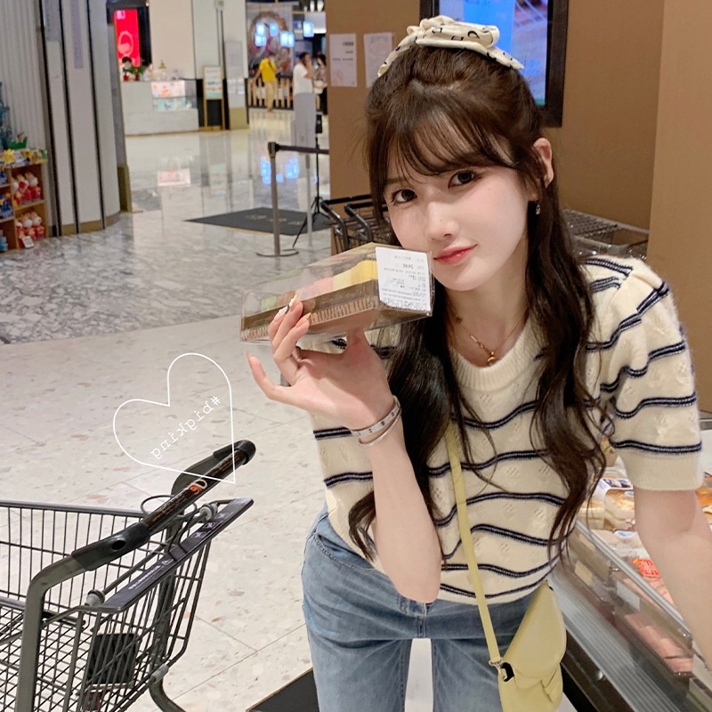【Hana and Alice】Áo Thun Dệt Kim Tay Ngắn Dáng Rộng Chất Lụa Mềm Mại Hợp Thời Trang