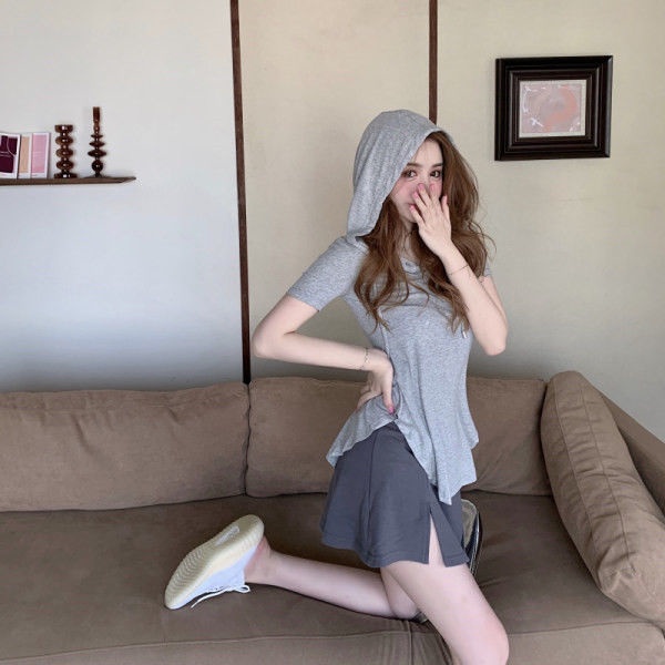 Áo Thun Tay Ngắn Có Nón Trùm Đầu Dáng Ôm Thời Trang Mùa Hè Phong Cách Hàn Quốc Cho Nữ