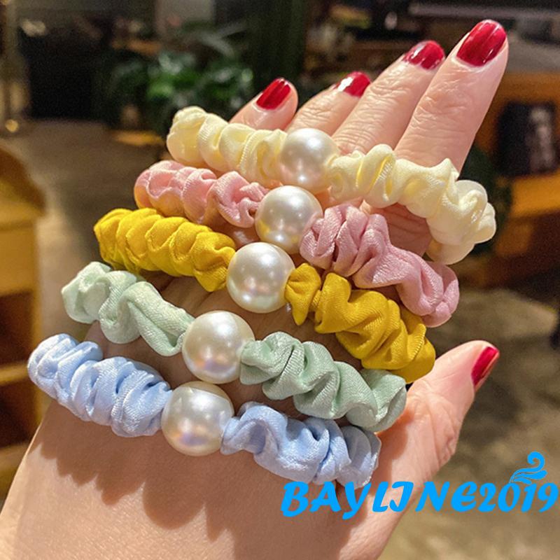 BAY- Dây buộc tóc đính ngọc trai màu trơn cho nữ màu be/ nâu/ xanh lá/ vàng