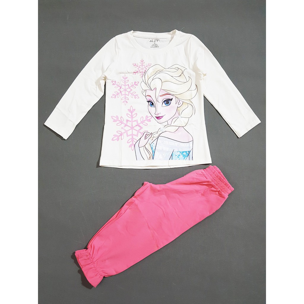 Bộ thun cotton tay dài in công chúa elsa bé gái