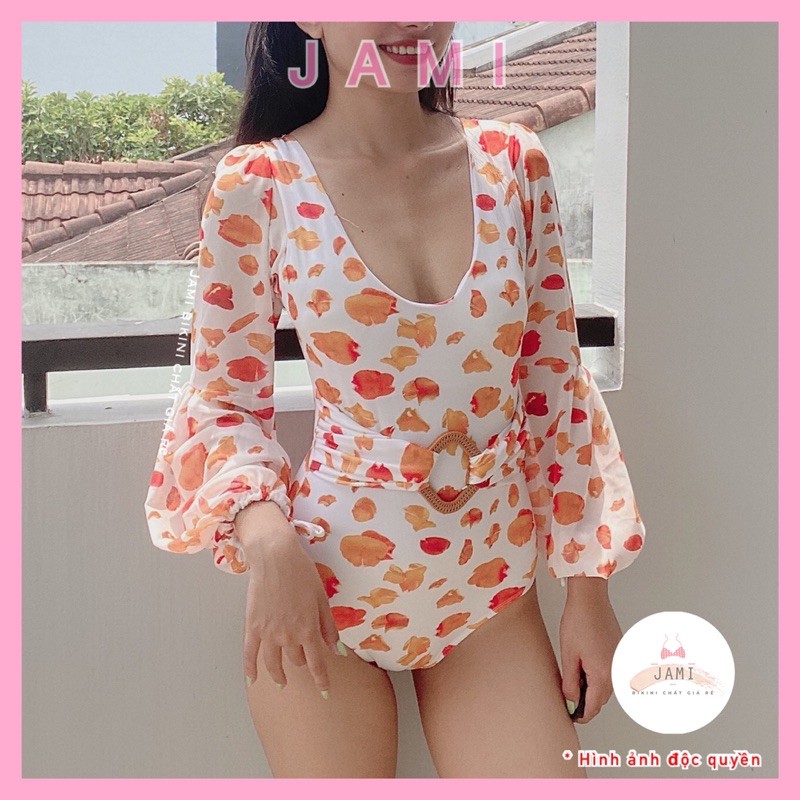 BIKINI đồ bơi nữ bodysuit CAO CẤP VOAN PHỐI KHUYÊN EO SANG CHẢNH CHẤM BI CAM - MOM888