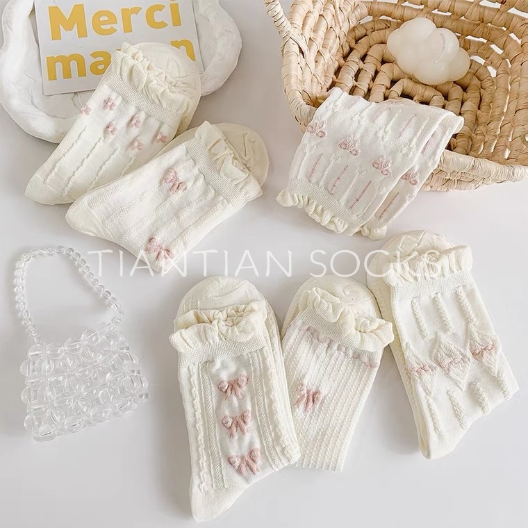 TIANTIAN T221 Tất cao cổ Vớ cotton Mỏng Màu Trắng Phối Ren Đính Nơ Phong Cách Nhật Bản Dễ Thương Thời Trang Xuân Hè Cho Nữ