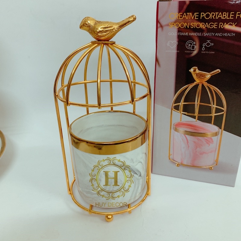 Giỏ đựng muỗng nĩa thìa dĩa hình lồng chim bằng sứ vân đá cẩm thạch mầu xám trang trí Huydecor