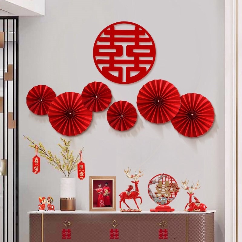 Set 6 quạt giấy đỏ đám cưới chữ hỷ party fans trang trí phòng cưới