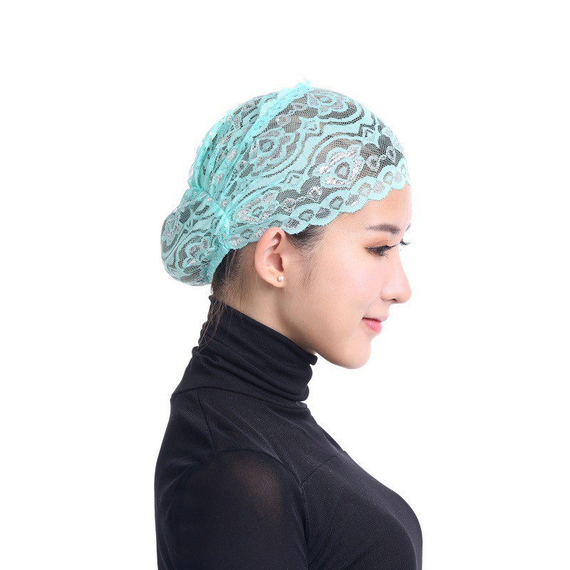 Mũ trùm đầu phối ren hoa phong cách Hồi giáo cho nữ