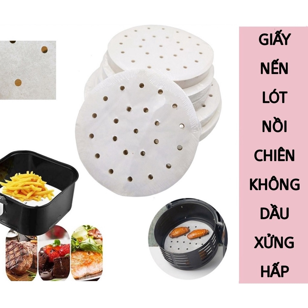 (Xấp 100 tờ) Giấy nến đục lỗ tròn cho nồi chiên không dầu/ nồi hấp đường kính 23cm