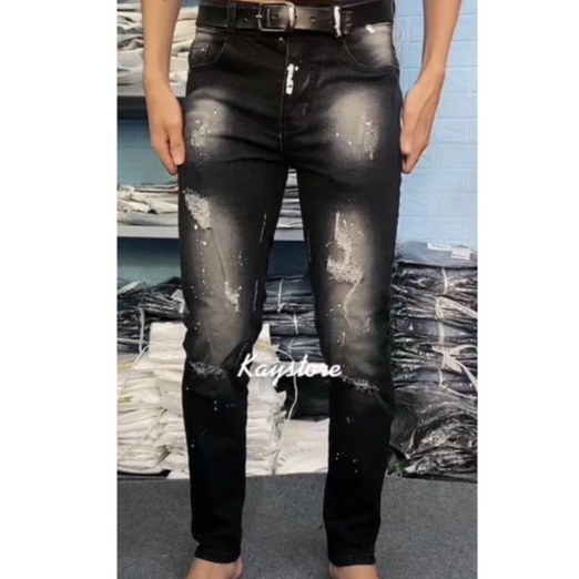 QUẦN JEAN NAM DÀI ĐEN RÁCH VẨY SƠN CAO CẤP ĐẸP MẪU MỚI,FORM SKINNY CHẤT CO GIÃN GIÁ TỐT