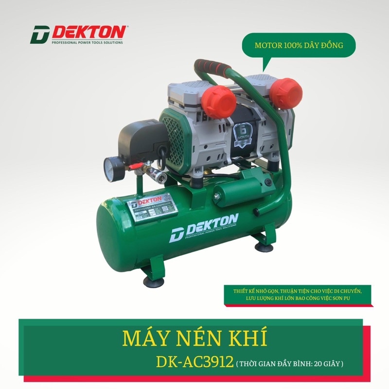 Máy Nén Khí Không Dầu Dekton DK-AC3912 2HP/1500W/ Bình 12L - Lưu Lượng 200L/Phút