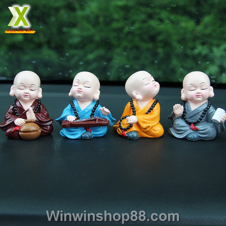 Bộ 4 tượng chú tiểu mini tụng kinh gõ mõ, trang trí bàn làm việc taplo ô tô - Muasamhot1208