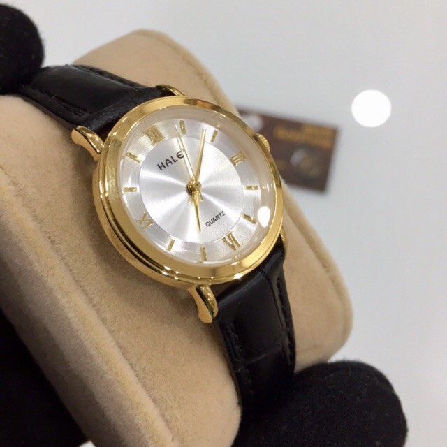 Đồng hồ Halei nữ mặt tròn kim loại dây da chống nước
