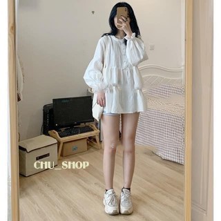 (ảnh thật) Áo sơ mi trắng cúc bọc kiểu dáng Babydoll - chu_shop