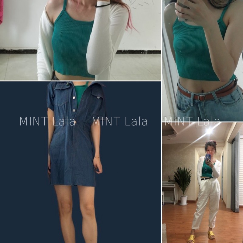 Áo Len 2 Dây Croptop Màu Đen Xanh Thời Trang Cho Nữ