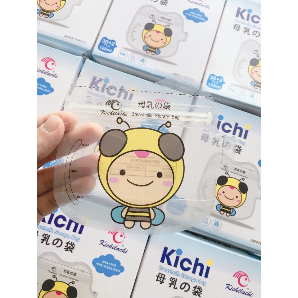 Hộp 32 Túi trữ sữa KICHILACHI 120ml hình quả táo, có vòi rót an toàn, tiện dụng cho bé