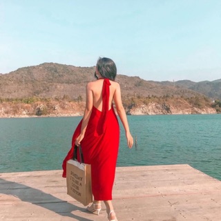( Ảnh thật) Đầm maxi đi biển lụa lưng trần - V0006