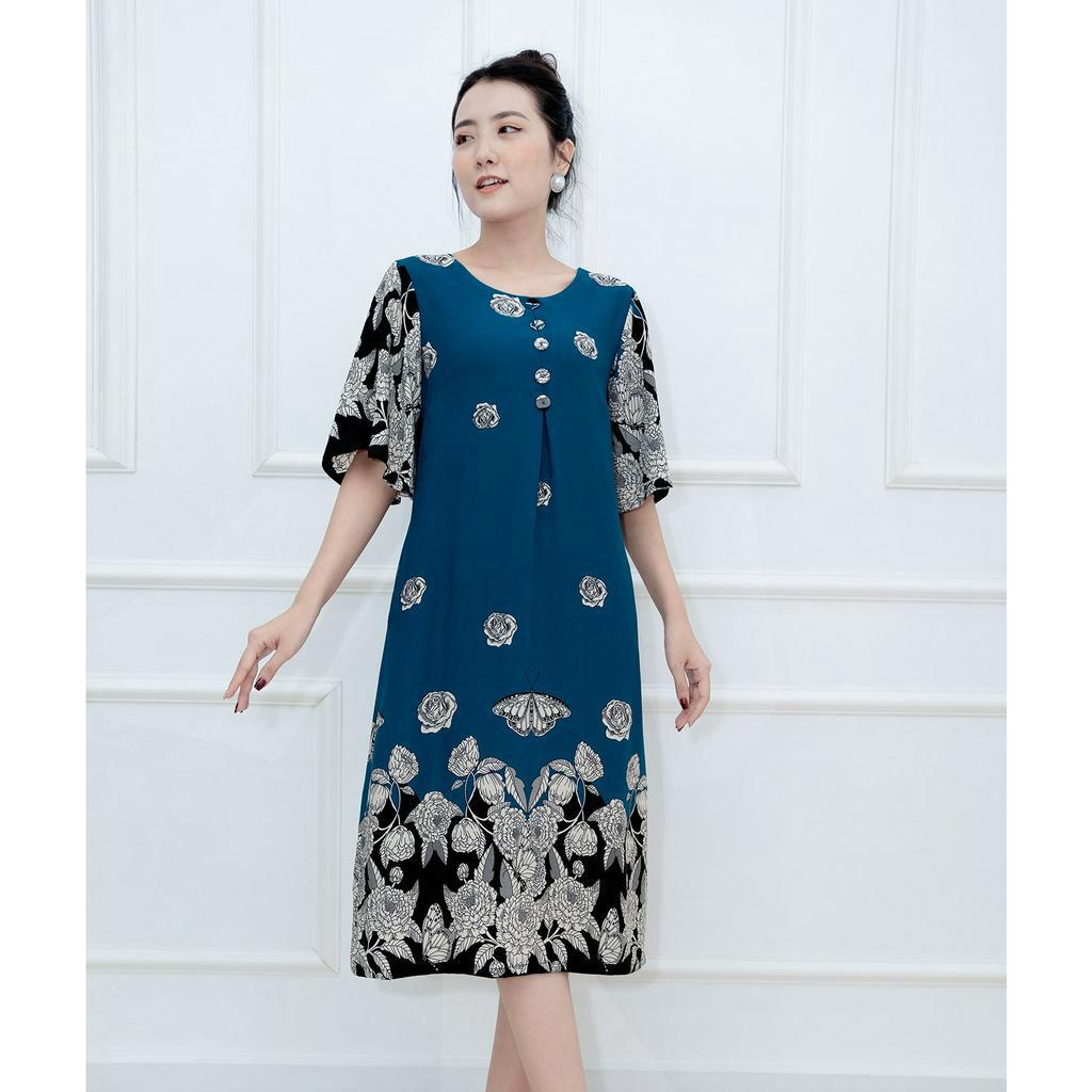 GOTI – Đầm Dáng Suông Trung Niên Dự Tiệc Cao Cấp Vải Lụa In Hoa Sen  Mềm Mịn Cho Mẹ U40 U50 3374 3347 3345