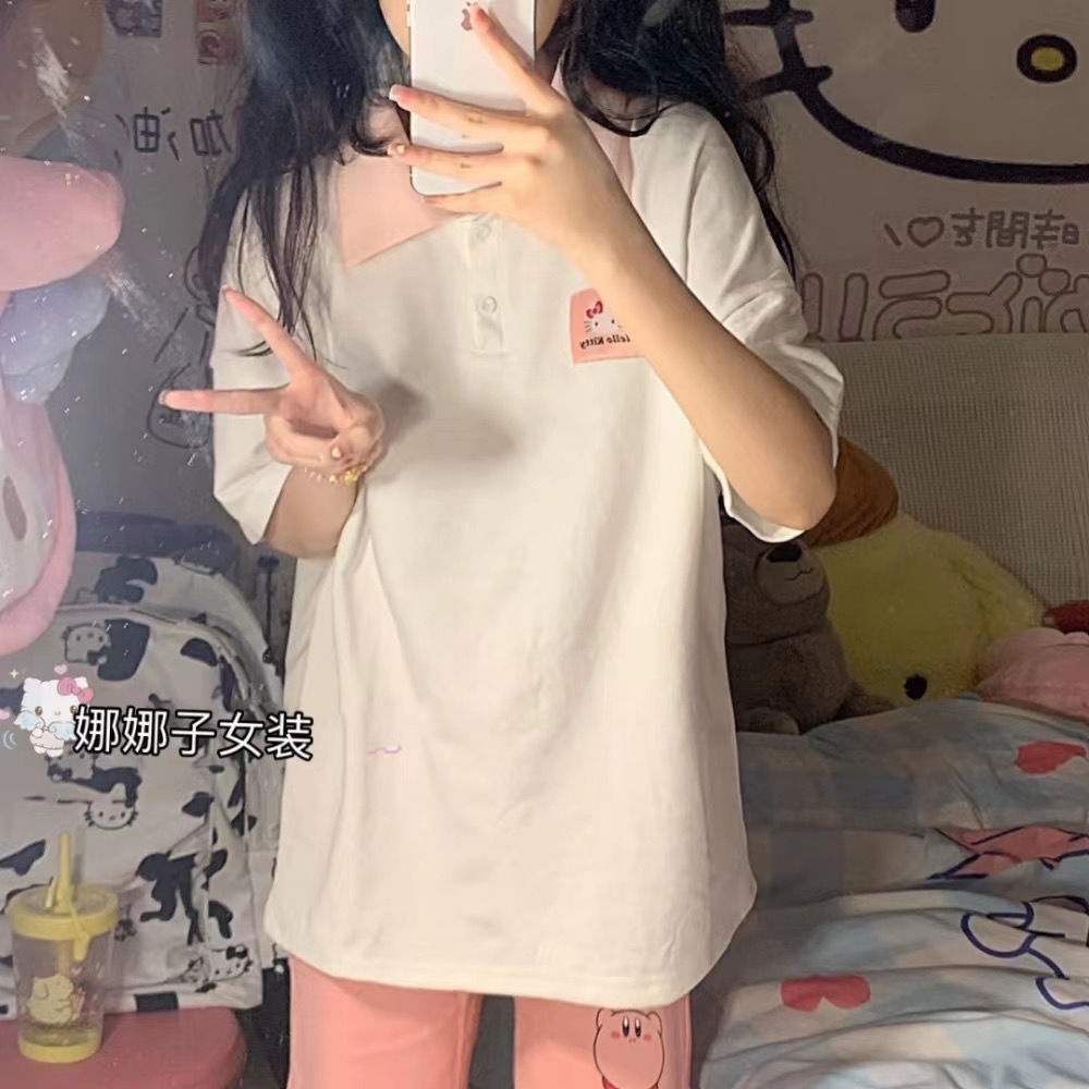 ✪Áo Thun Nhật Bản✪Áo Thun polo Tay Ngắn Dáng Rộng Mềm Mại In Họa Tiết Hello Kitty Phong Cách Nhật Bản Thời Trang Mùa Hè Cho Nữ