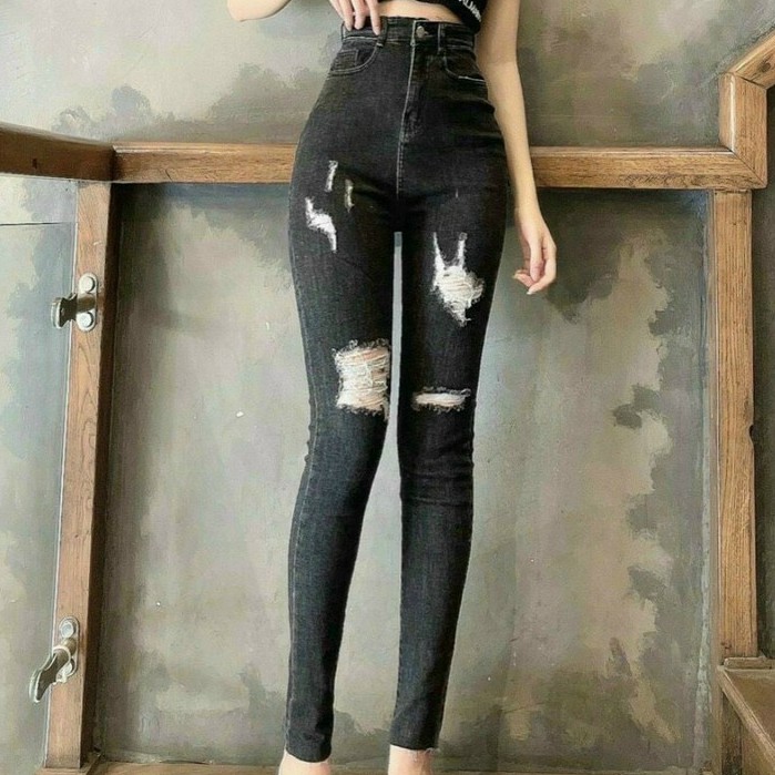 Quần jean nữ xanh đen cao cấp - quần jean nữ kiểu rách chất liệu denim co giãn (fom chuẩn shop) Lady-Hn Store88 NG114