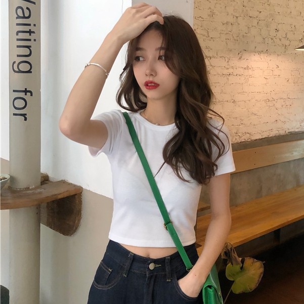 Áo thun croptop tay ngắn cổ tròn màu trơn phom ôm ULZZANG HÀN QUỐC BS14
