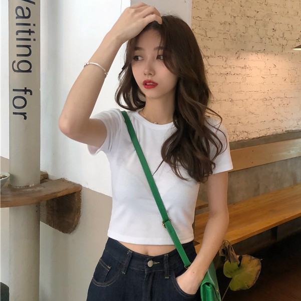 Áo thun croptop tay ngắn cổ tròn màu trơn phom ôm CROP TRƠN TRÒN BS14